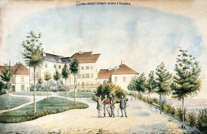 Gornji grad. Park Grič. Pogled na zgradu Gimnazije 1862. godine (Joseph Svoboda)